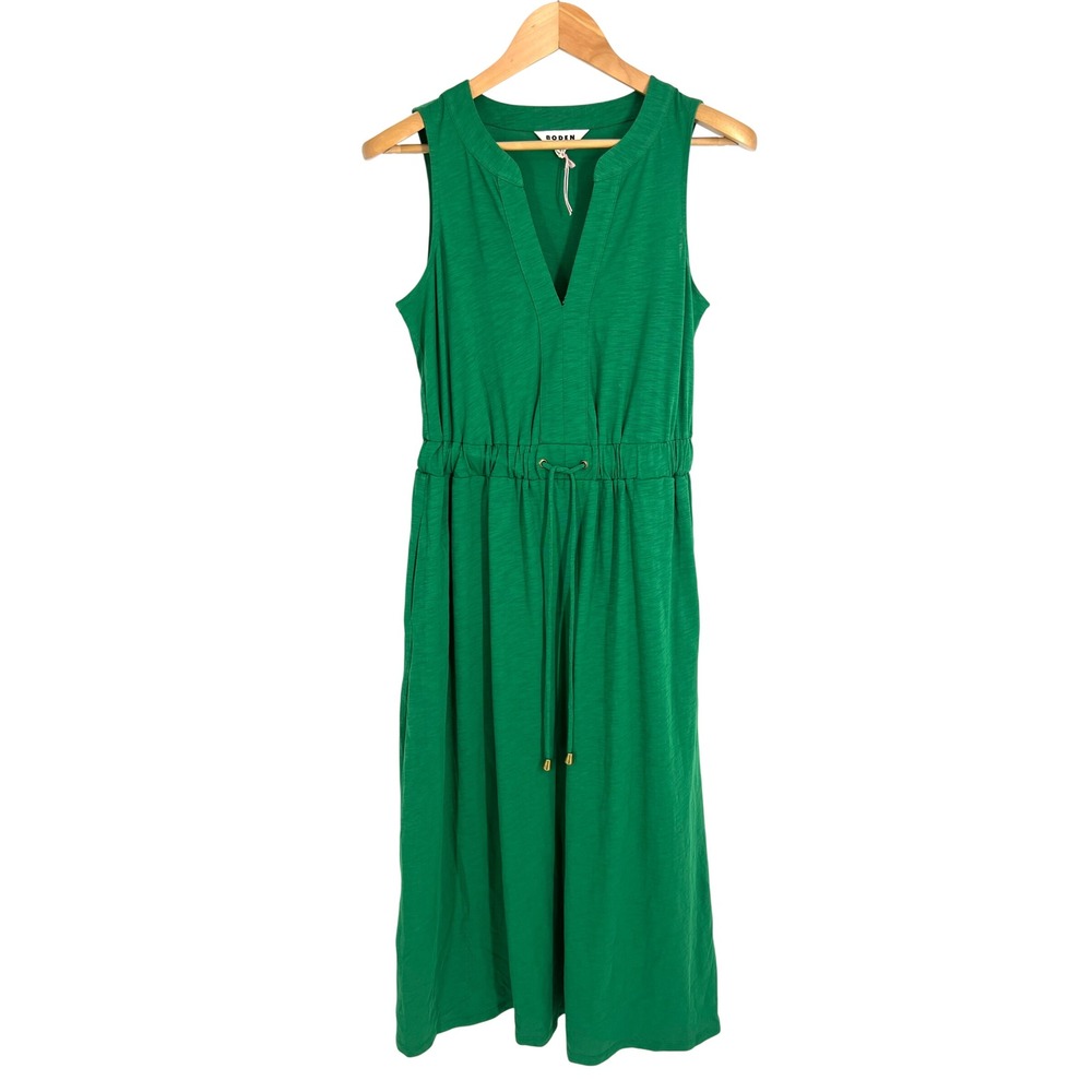 Boden Green Slub Cotton V-Neck Drawstring Waist Midi Dress Pockets US 4R UK 8R